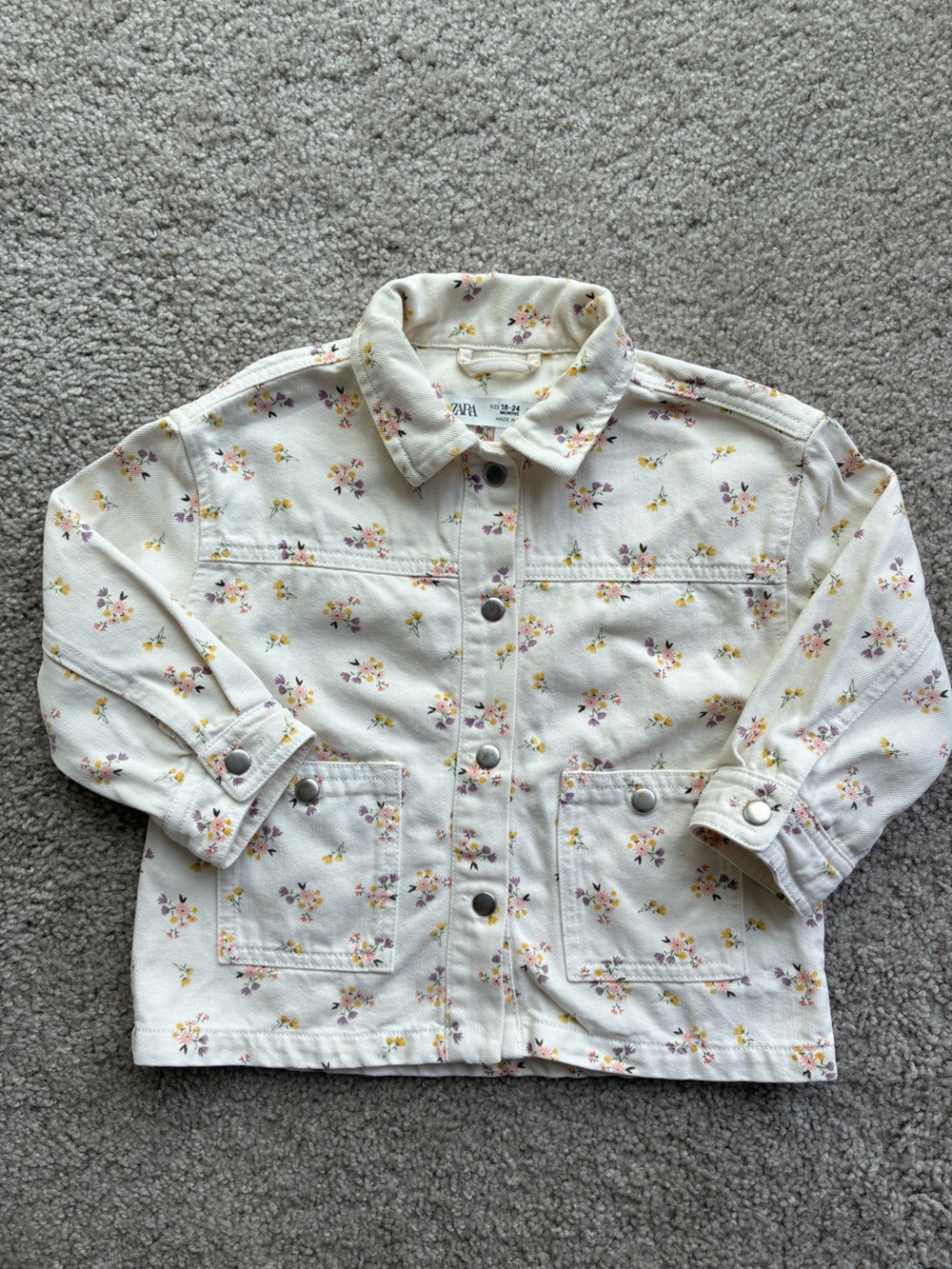 Zara Kids Cream Denim Jacket with Pink & Yellow Floral Print